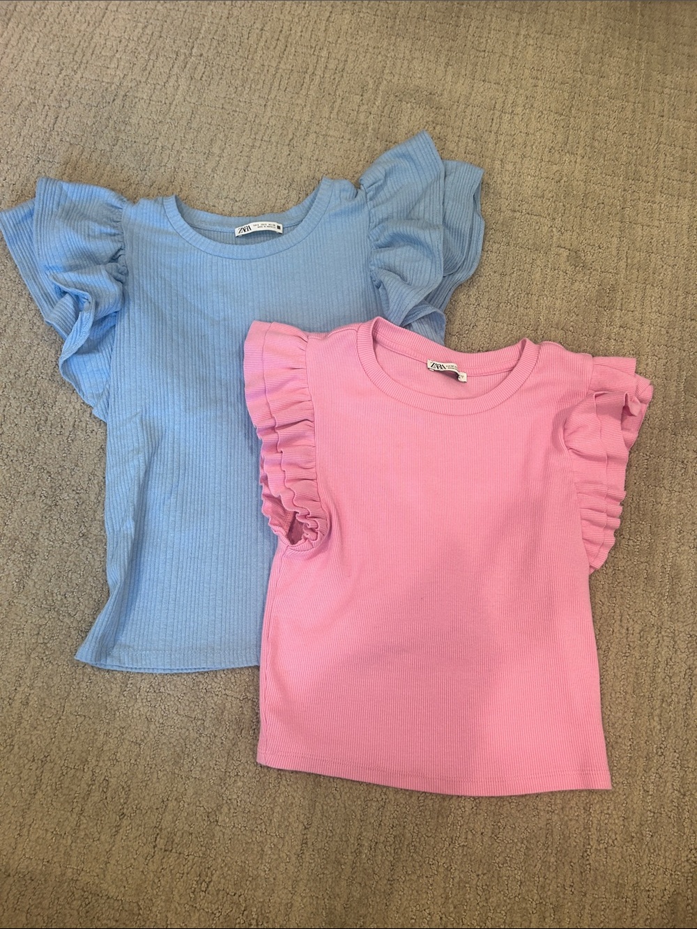 2 Ruffle Zara Tops, Blue is a small and pink is a medium